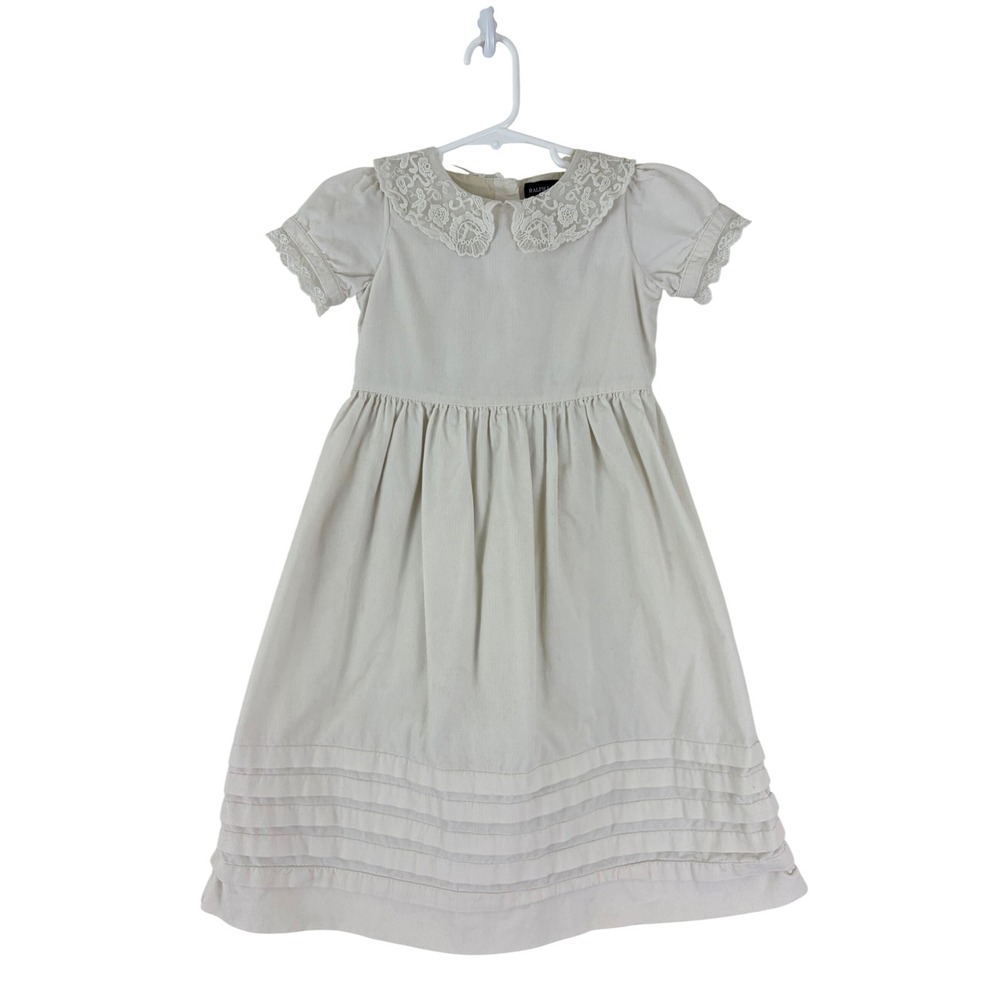 Ralph Lauren Girls Cream Corduroy Lace Collar Dress‎ Size 4 Pintuck Hem Holiday